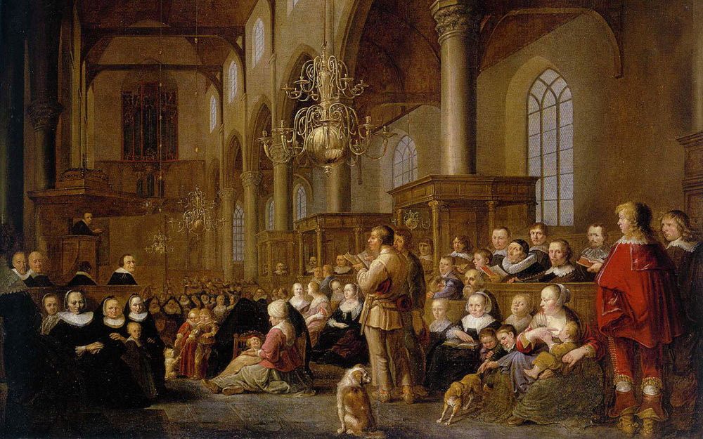 In de 17e eeuw had menig kerk in Nederland een orgel, zoals te zien is op een schilderij uit 1635 van Gijsbert Jansz. Sibilla (1598-1655) waarop het interieur van de Grote Kerk in Weesp is afgebeeld. beeld Museum Catharijneconvent