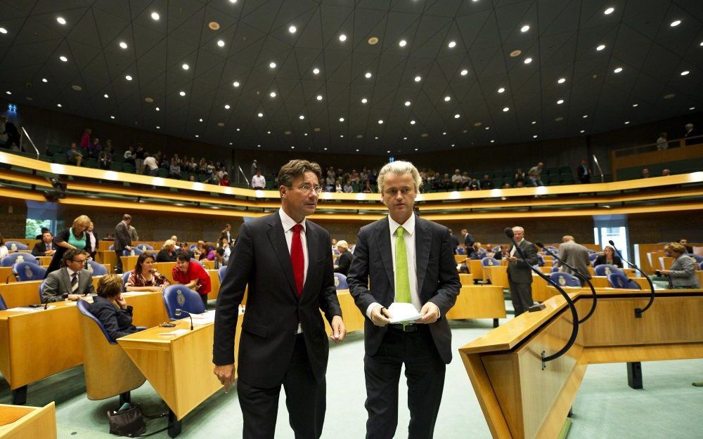 Rutte, Verhagen en Wilders wachten af wat de koningin gaat zeggen. Foto ANP