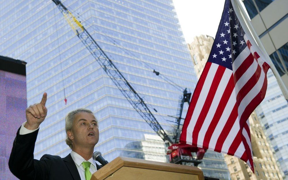 Wilders tijdens zijn toespraak in New York. Foto EPA