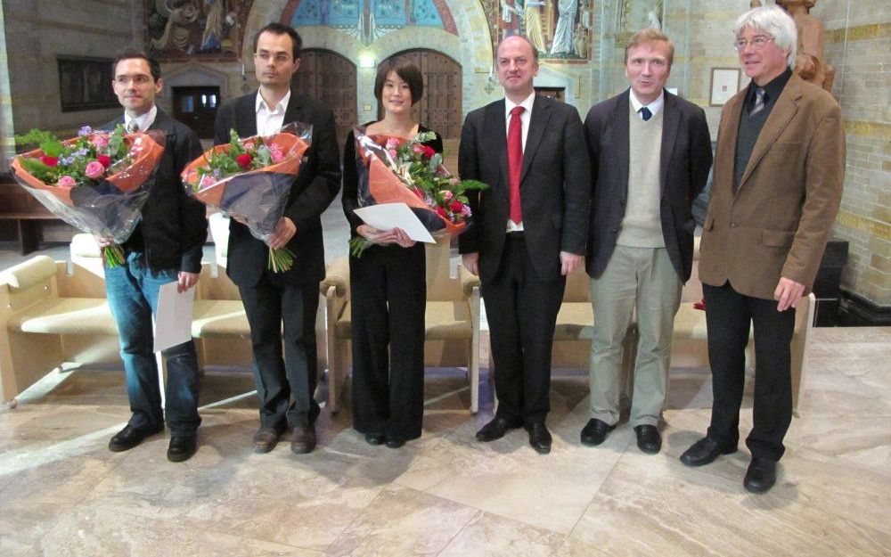 Prijswinnaars en jury van het César Franck Concours. V.l.n.r.: Zvonimir Nagy, Michael Bártek, Eiko Maria Yoshimura, Jan Hage, Erik Lebrun en Joris Verdin. Foto Pieter Baak, Den Haag