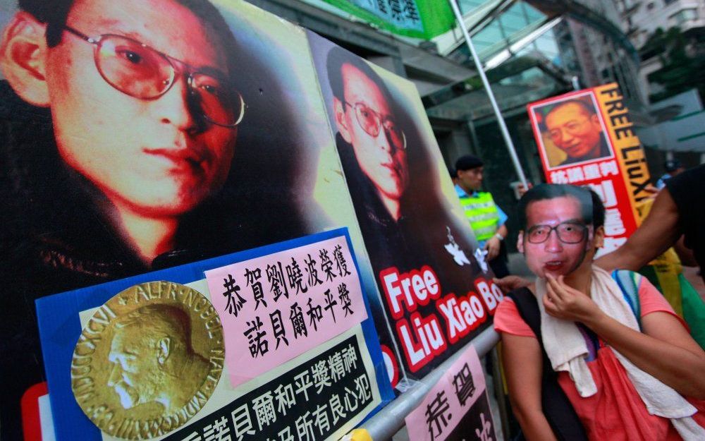 Protest tegen gevangenschap Liu in Hong Kong. Foto EPA