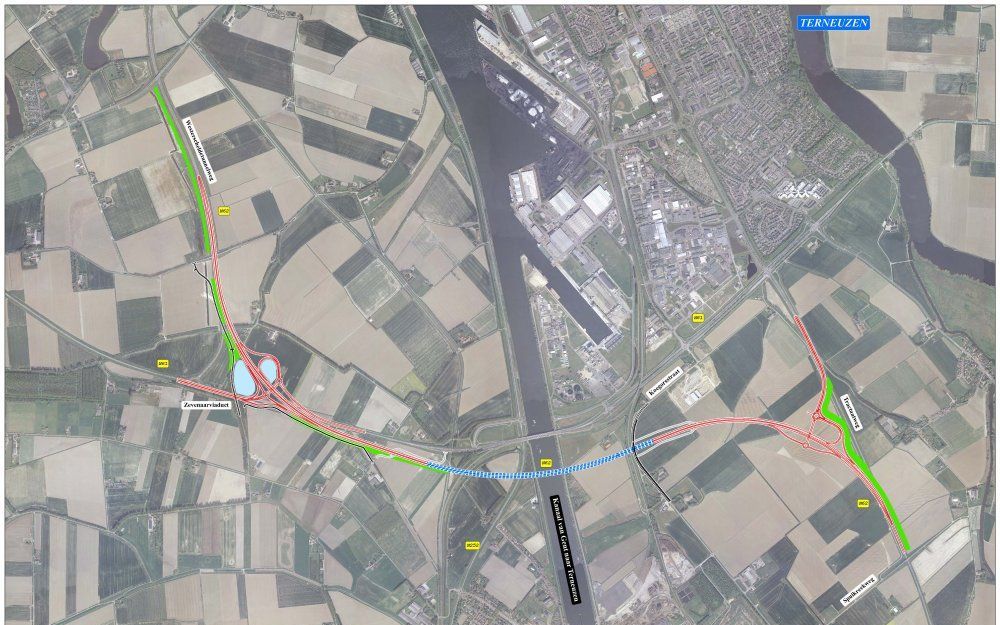 MIDDELBURG – De nieuwe Sluiskiltunnel komt onder het Kanaal van Gent naar Terneuzen te liggen. Op 30 juni 2015 moet de tunnel klaar zijn. Hij wordt in totaal 1330 meter lang en blijft tolvrij. Foto Sluiskiltunnel