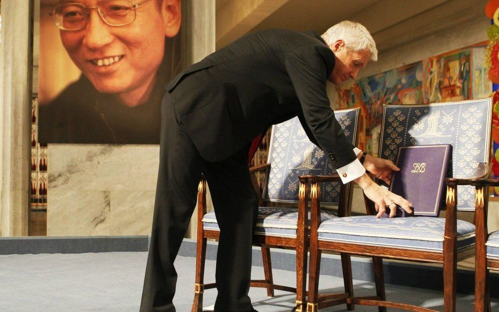 De ceremonie voor de uitreiking van de Nobelprijs voor de vrede is in het stadhuis van Oslo zonder de winnaar, de Chinese activist Liu Xiaobo, gehouden. Foto EPA