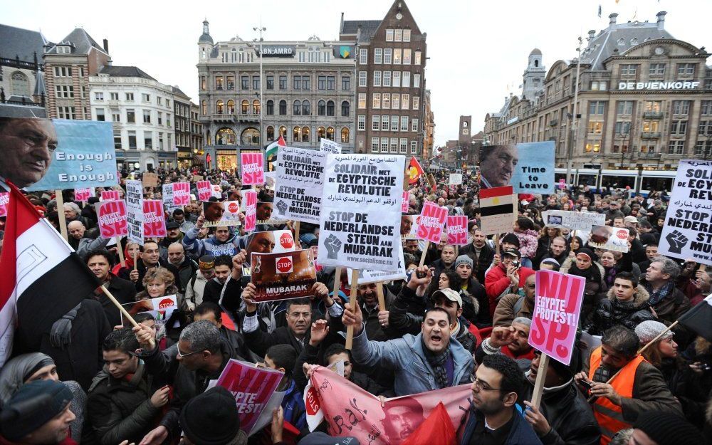 Zaterdagmiddag was er een manifestatie om sympathie te tonen met de Egyptenaren die in hun land demonstreren tegen het regime van Mubarak.  Foto EPA