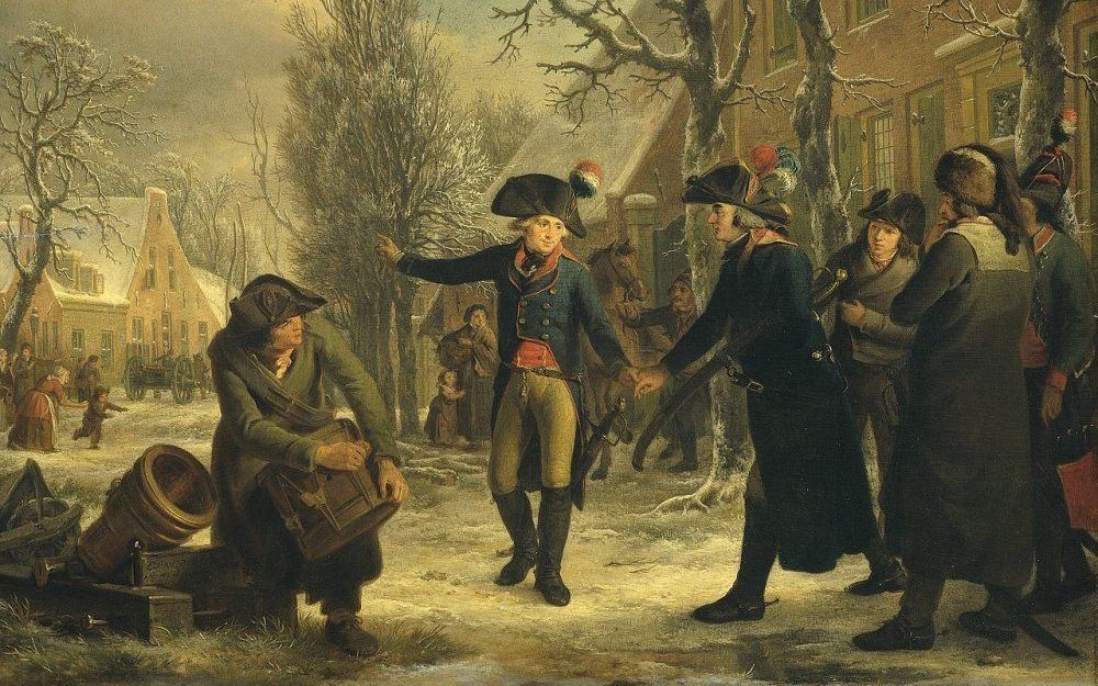 Kolonel Cornelis Kraijenhof, lid van het Bataafs Revolutionair Comité, vertrekt in Frans uniform uit Maarssen om de Amsterdamse burgemeesters duidelijk te maken dat ze beter kunnen vertrekken, 18 januari 1795. De Amsterdammers zouden capituleren en gaven 