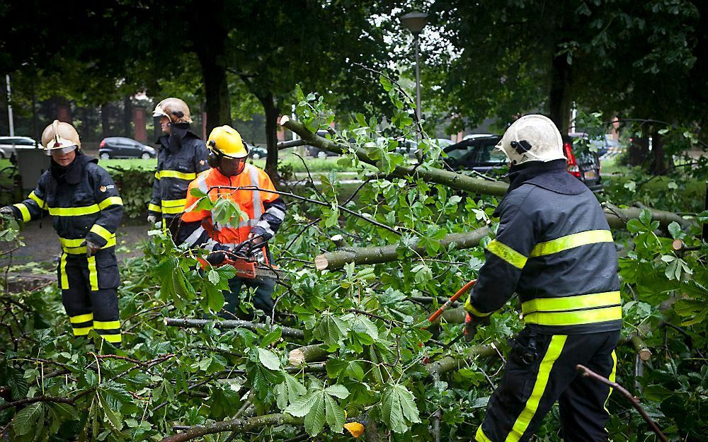 De brandweer verwijdert donderdag in Den Haag een omgewaaide boom. Het KNMI heeft de waarschuwingen voor zware windstoten en veel neerslag donderdagmorgen uitgebreid naar het midden, zuiden en delen van het oosten van het land. Foto ANP