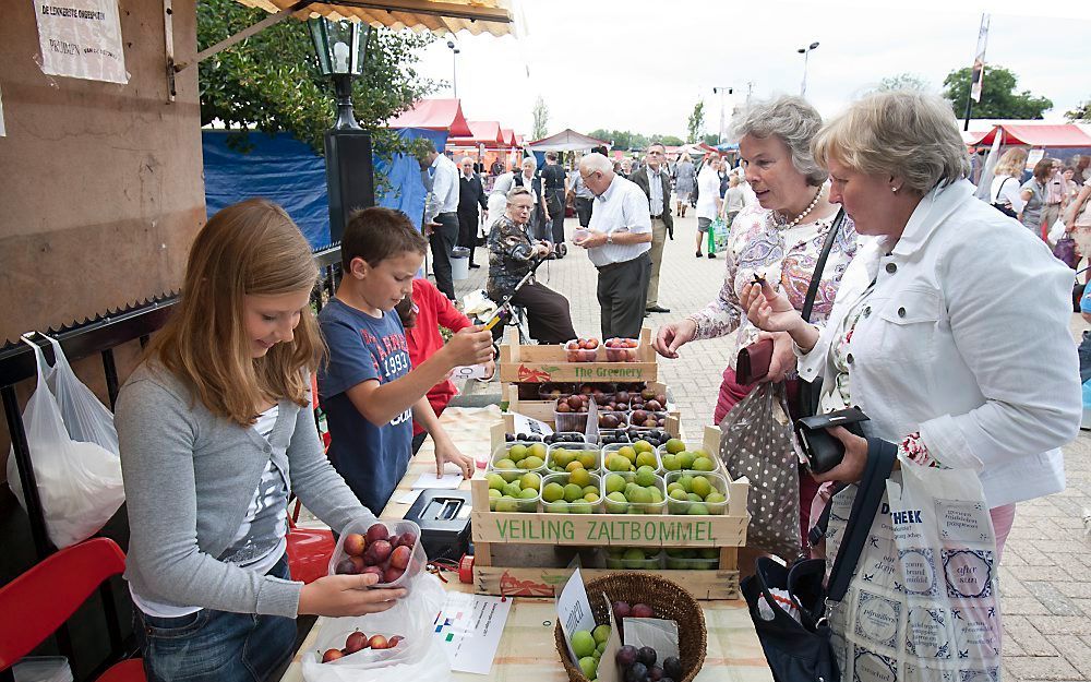 Verkopers in de dop proberen samen pruimen te slijten aan bezoekers van de Duikenburgse Dagen in Echteld. Foto Herman Stöver