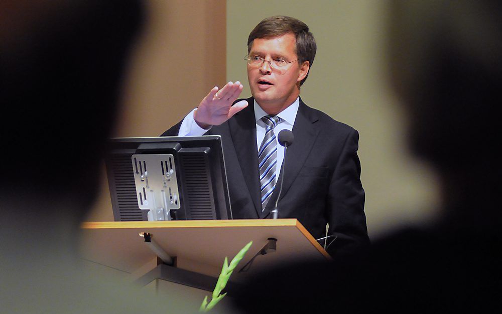 Oud-premier Balkenende dinsdagavond in de Vrije Universiteit. Foto Ronald Bakker