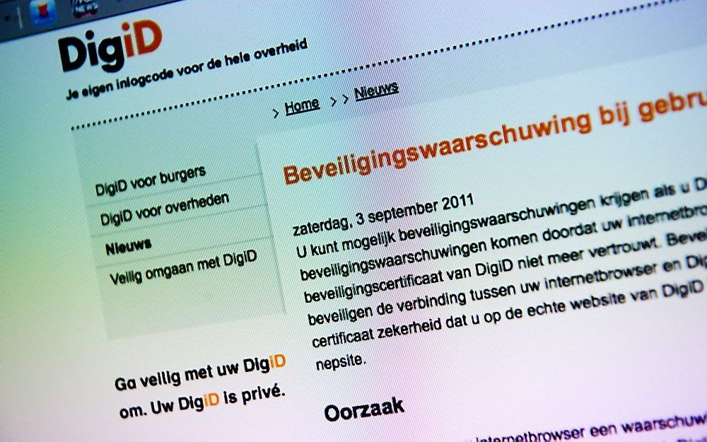 Een beveiligingswaarschuwing op de website van DigiD. Foto ANP