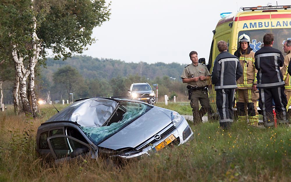 Bij een botsing met een edelhert op de Flevoweg tussen Harderwijk en Kootwijk raakte een automobilist lichtgewond. De auto was total loss. Foto Eline Verwoerd