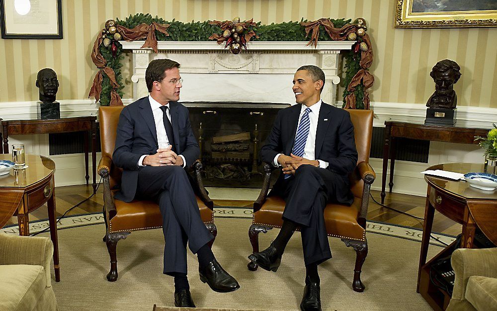 Gesprek tussen minister-president Rutte en de Amerikaanse president Obama.  Foto ANP