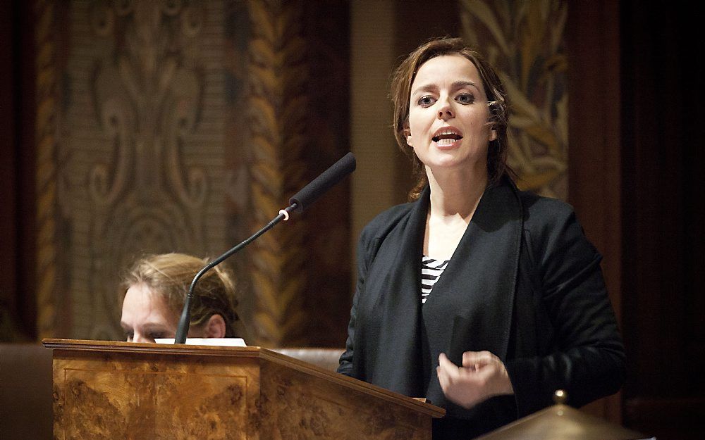 PvdD-fractievoorzitter Marianne Thieme beantwoordt vragen van het Senaat, die zich buigt over het plan waarmee de Partij voor de Dieren (PvdD) een einde wil maken aan het onverdoofd slachten. Foto ANP