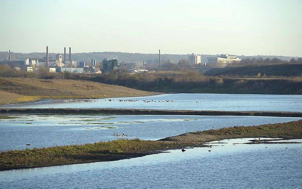 Het peil van de Maas daalt licht na de hoogste waterstand van 45,61 meter boven NAP.  Foto ANP