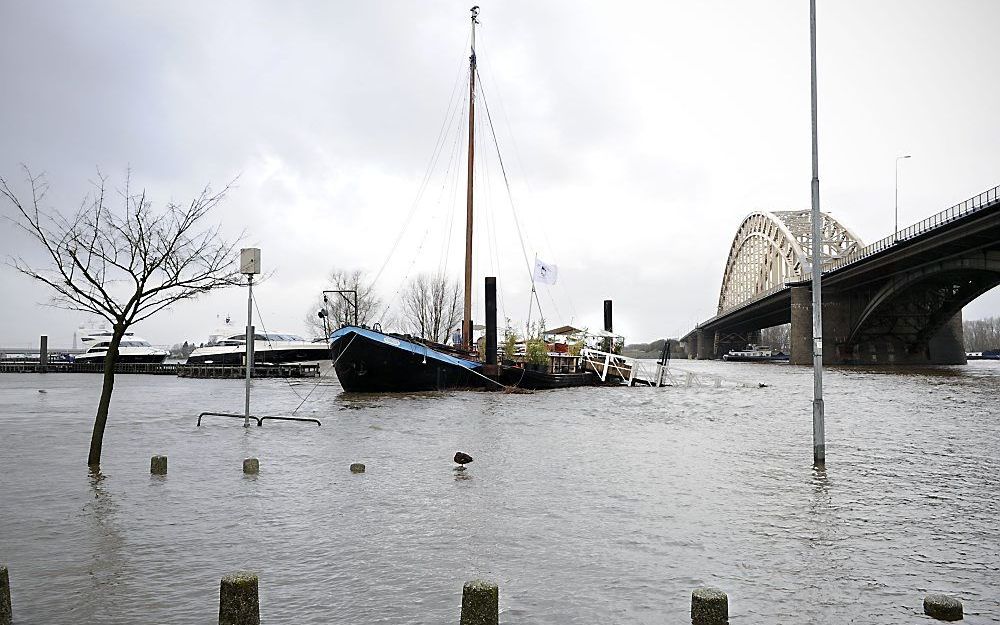 Het hoge waterpeil aan de Waalkade bij Nijmegen. Foto ANP