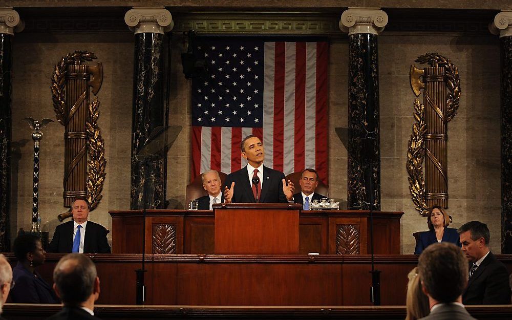 President Barack Obama in de nacht van dinsdag op woensdag gezegd in zijn State of the Union, de jaarlijkse ’troonrede’ van de Amerikaanse president in het Congres. Foto EPA