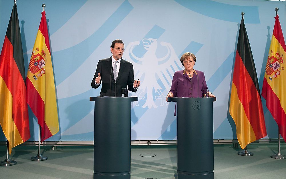 Persconferentie bondskanselier Merkel en Spaanse premier Rajoy.  Foto EPA