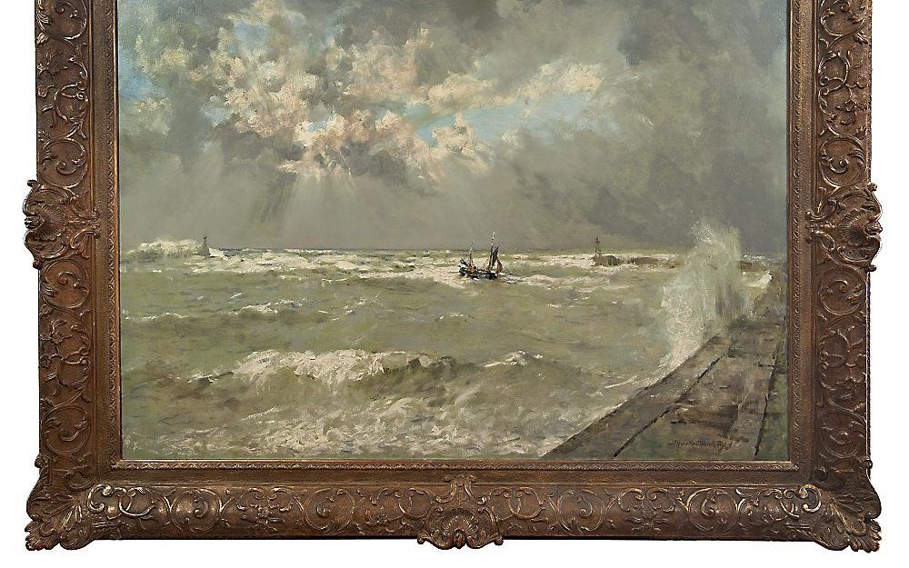 ”Een logger bij ruw weer bij de Scheveningse haven” (1936), door J. H. van Mastenbroek. De Reedersvereeniging Scheveningen kocht het schilderij en schonk het aan prinses Juliana toen zij trouwde met prins Bernhard. Het werk hing in Paleis Soestdijk.