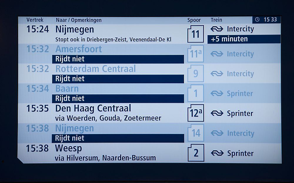 Informatiebord op Utrecht Centraal geeft aan dat verschillende treinen zijn uitgevallen.  Foto ANP