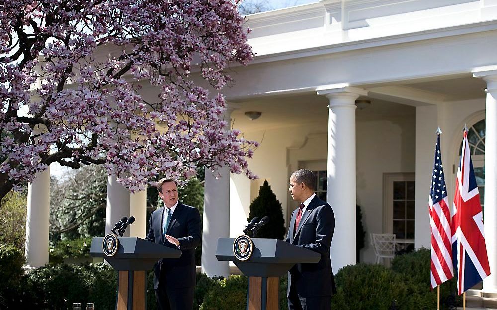 Persconferentie woensdagmiddag bij het Witte Huis van Obama en Cameron. Foto EPA