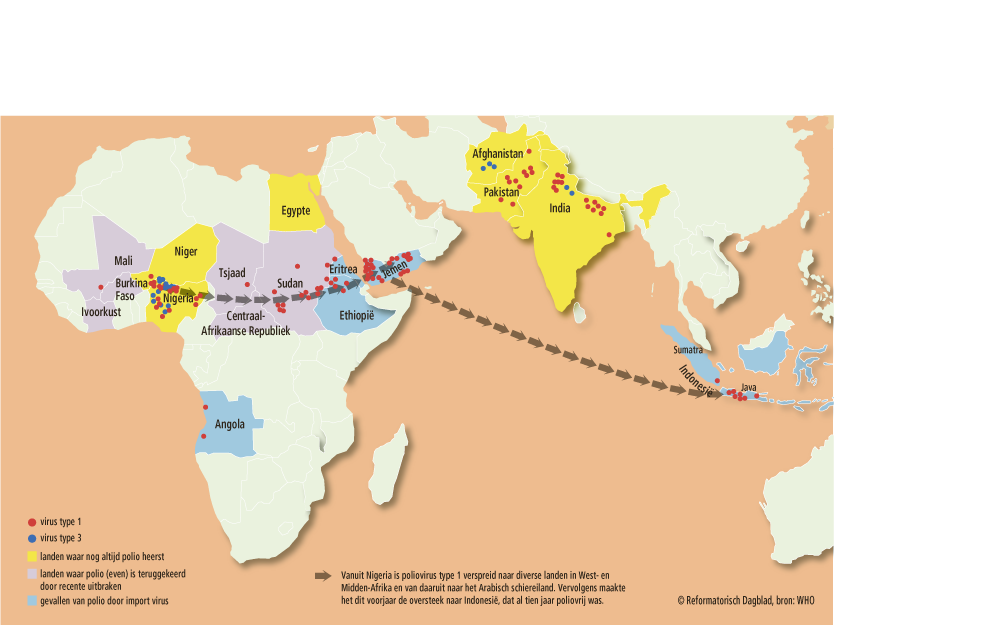 BILTHOVEN â€“ Vanuit Nigeria is poliovirus type 1 verspreid naar diverse landen in West en Midden Afrika en van daaruit naar het Arabisch schiereiland. Vervolgens maakte het dit voorjaar de oversteek naar IndonesiÃ«, dat al tien jaar poliovrij was.