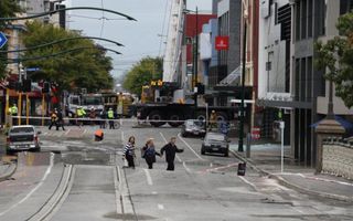 Armagh Street in Christchurch waar diverse gebouwen zijn ingestort. Foto EPA