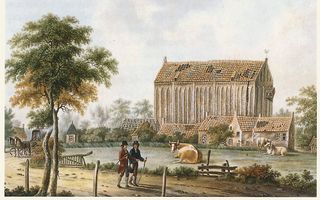 De voormalige kloosterkerk van Scharmer, kort voor de afbraak in 1824. De kruisherenpriorij uit 1489, gewijd aan Sint-Helena, was het laatste klooster dat in de huidige provincie Groningen werd gebouwd. Foto WBooks