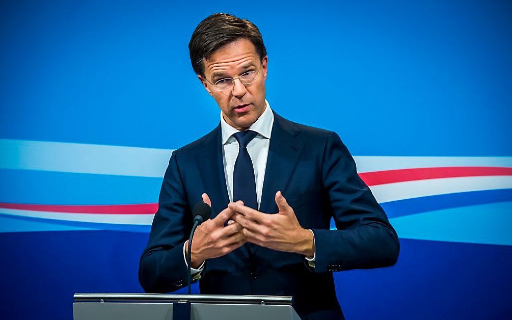 Premier Mark Rutte tijdens de wekelijkse persconferentie van kabinet Rutte III na afloop van de ministerraad. beeld ANP