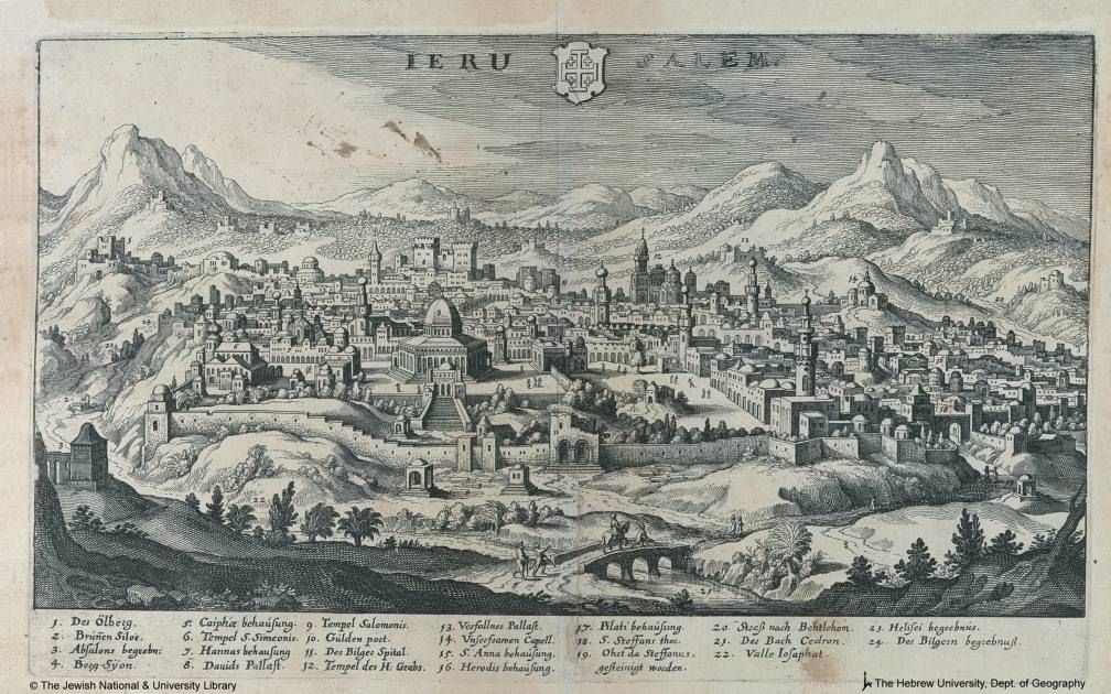 Gezicht op Jeruzalem, vervaardigd door de Zwitserse graveur Matthäus Merian (1593-1650). beeld Hebrew University of Jerusalem