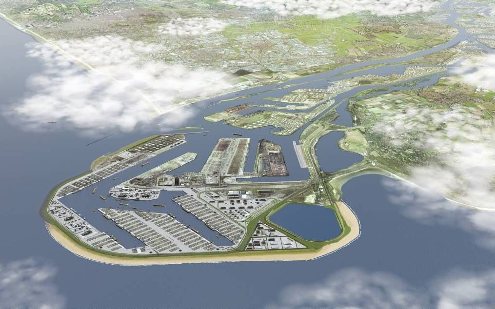 De Tweede Maasvlakte in 2035, als hij geheel gereed en volledig in gebruik is. Foto Havenbedrijf Rotterdam