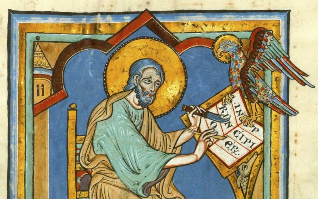 De apostel Johannes schrijft het naar hem genoemde evangelie. Illustratie uit de Speyerer Evangelistar, die Konrad von Tann in 1220 liet maken. beeld Badischen Landesbibliothek, Karlsruhe