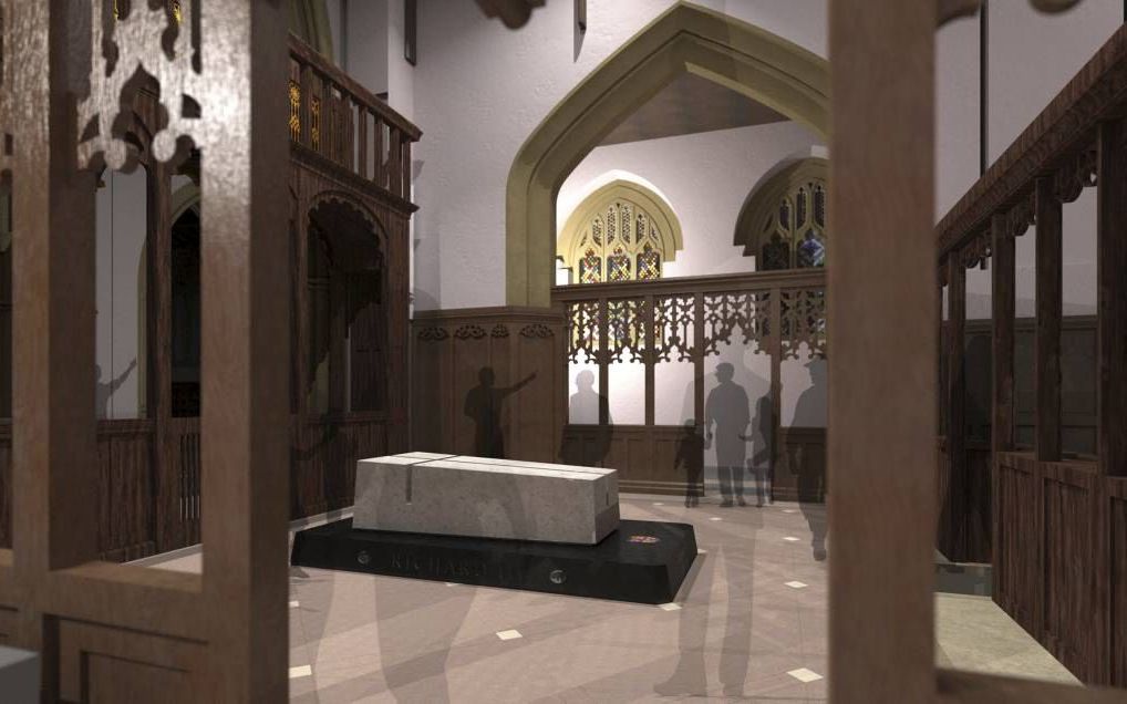 Het eregraf voor de middeleeuwse koning Richard III heeft een strakke, moderne vormgeving. Foto: een artist’s impression van de toekomstige situatie in de kathedraal van Leicester. beeld EPA