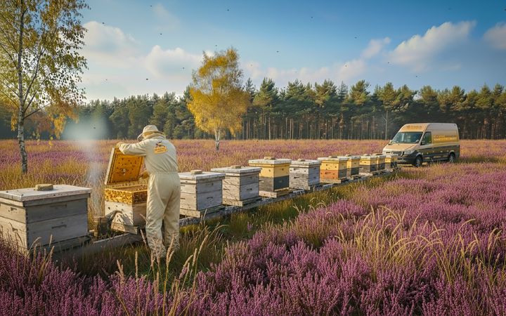 Bijenkasten op de Veluwse heide, waar de imker van Honingonline.nl werkt aan de oogst van Veluwse heidehoning. Dit schaarse product wordt met recht wel ‘de koning van de honing’ genoemd!