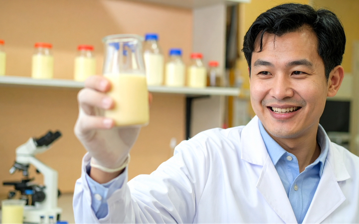 Japanse onderzoeker toont in een laboratorium het superfood koninginnegelei waar wetenschappelijke studie naar gedaan wordt.