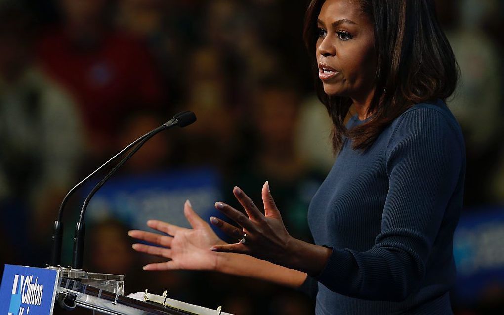 Michelle Obama tijdens haar toespraak in Manchester, New Hampshire. Beeld EPA