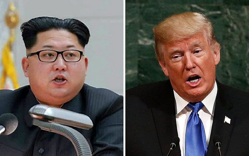 WASHINGTON/PYONGYANG. De Noord-Koreaanse leider Kim Yong-un (l) en de Amerikaanse president Trump uiten steeds oorlogszuchtiger taal naar elkaar. beeld EPA