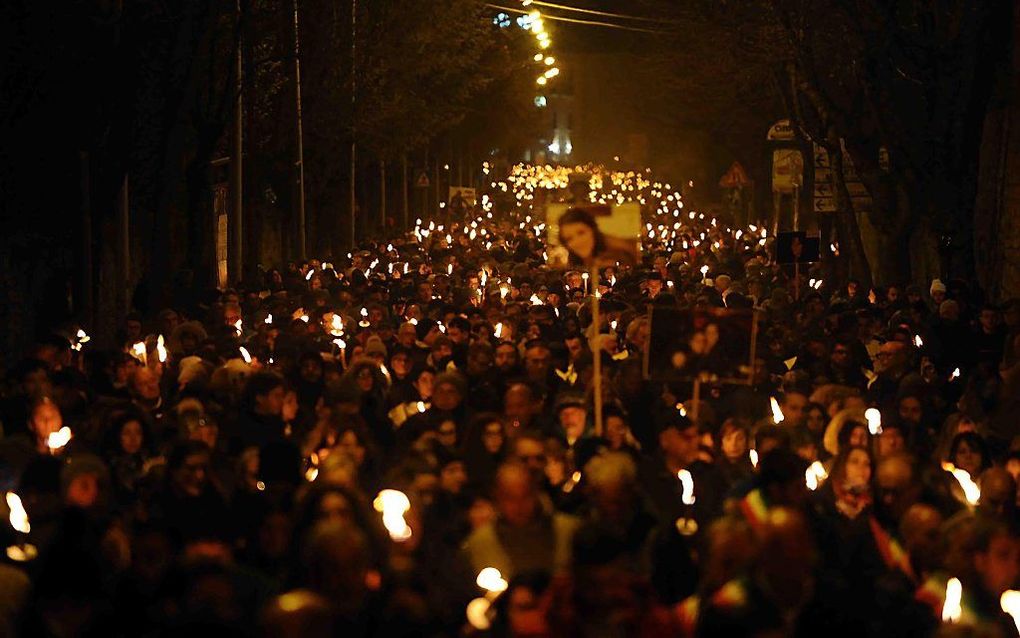 Herdenking van de 309 slachtoffers van de aardbeving in L'Aquila van 2009, vorige week vrijdag. beeld EPA, Francesco Patacchiola