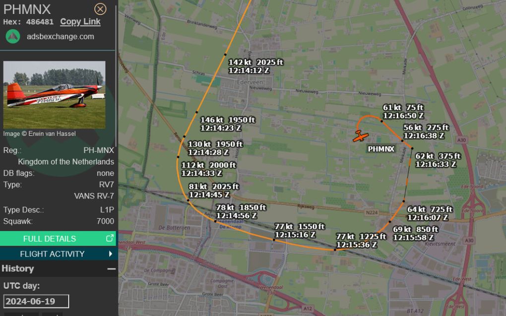 Het vluchtpad van de PH-MNX. beeld Up in the sky, ADSBexchange
