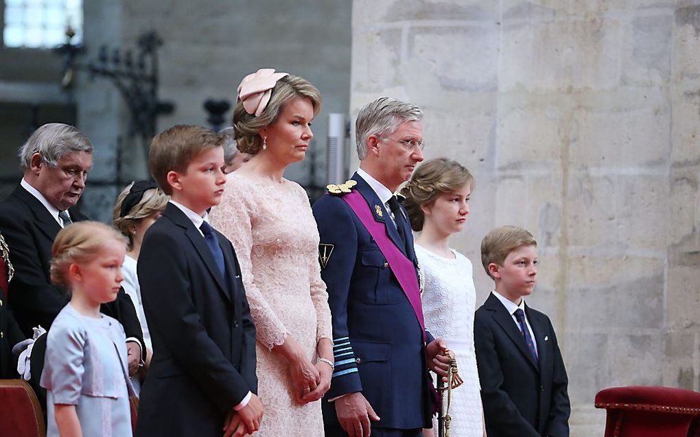 Het Belgische koningspaar was donderdagmorgen in de Brusselse Sint-Michiels-en-Sint Goedelekathedraal aanwezig bij de traditionele dankdienst ter gelegenheid van de nationale feestdag. beeld AFP