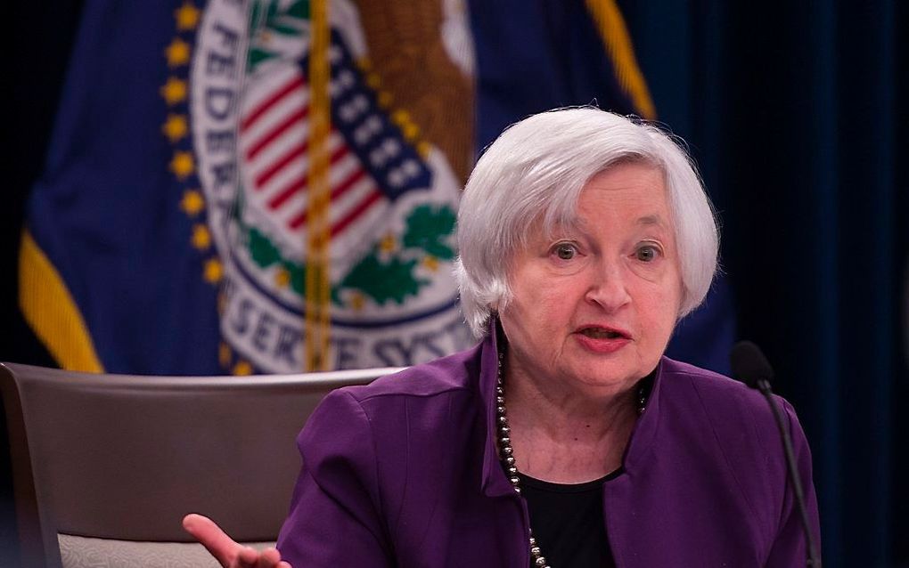 Fed-voorzitter Janet Yellen geeft een persconferentie over de renteverhoging in de VS. beeld ANP, Andrew Caballero-Reynolds