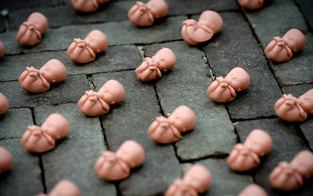 Plastic foetussen van Stichting Schreeuw om Leven als protest tegen een abortuskliniek in Houten. beeld ANP