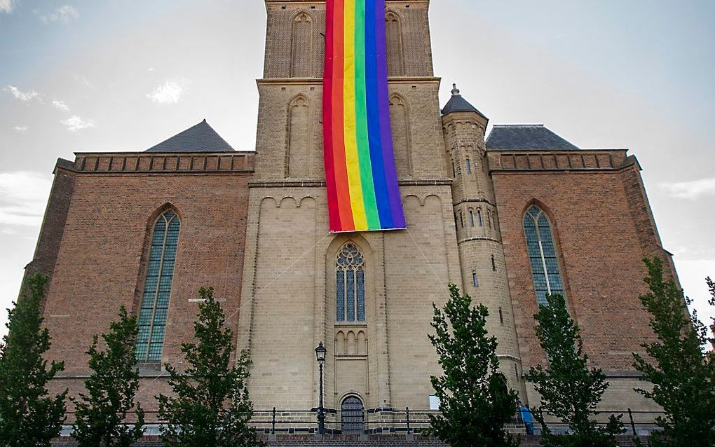 Regenboogvlag aan de Stevenskerk in Nijmegen. beeld ANP, Pirouschka van der Wouw