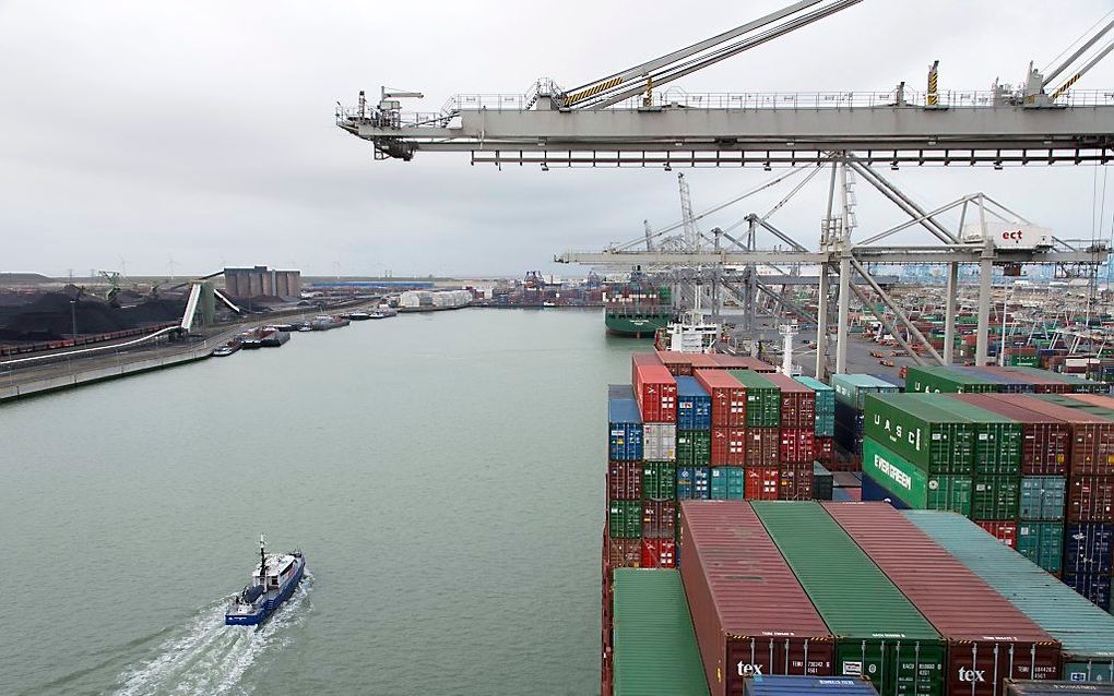 Een Chinees containerschip aan de kade van de Delta terminal van ECT in de Rotterdamse haven. beeld ANP, Victor Wollaert