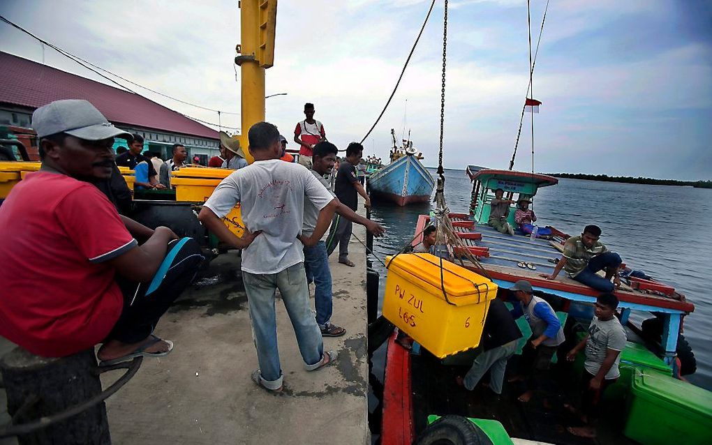 Indonesische vissers lossen een schip in de haven van Kuala Langsa (Atjeh). beeld EPA, Dedi Sinuhaji