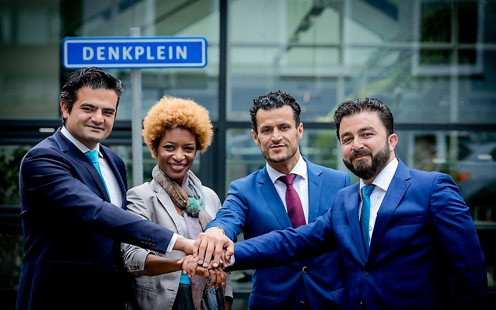 Groepsfoto van (VLNR) Tunahan Kuzu, Sylvana Simons, Farid Azarkan en Selcuk Ozturk, onderdeel van de politieke beweging DENK. beeld ANP