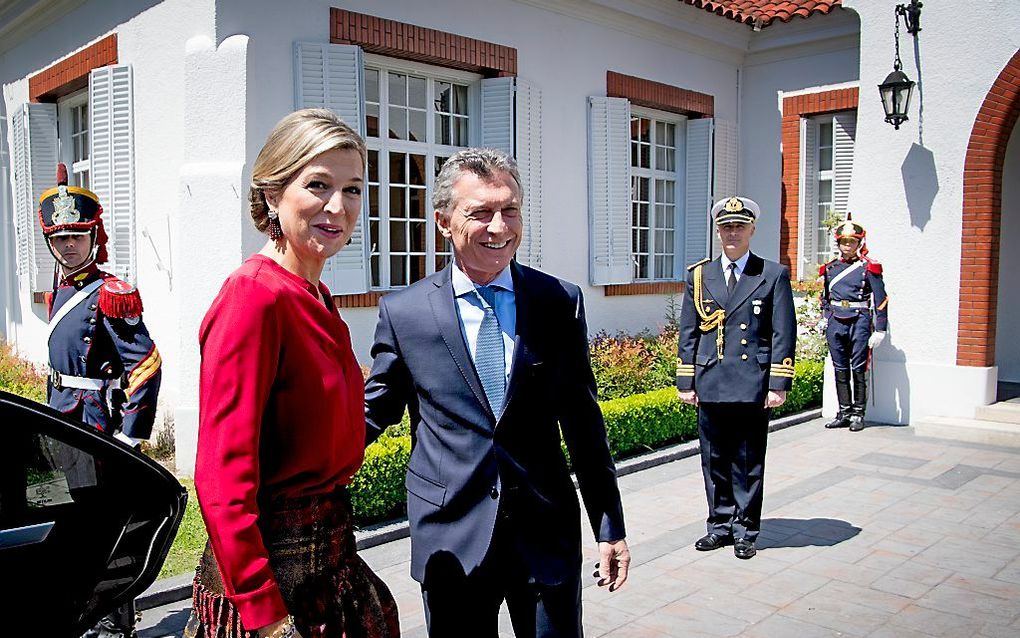 Koningin Máxima is woensdagmiddag in Quinta de Olivos, de officiële residentie van de Argentijnse president Maurico Macri, ontvangen voor een werkbespreking en aansluitende privélunch. beeld ANP