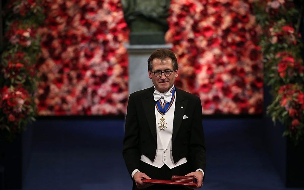 De Groningse professor in de chemie Ben Feringa in Stockholm. beeld AFP