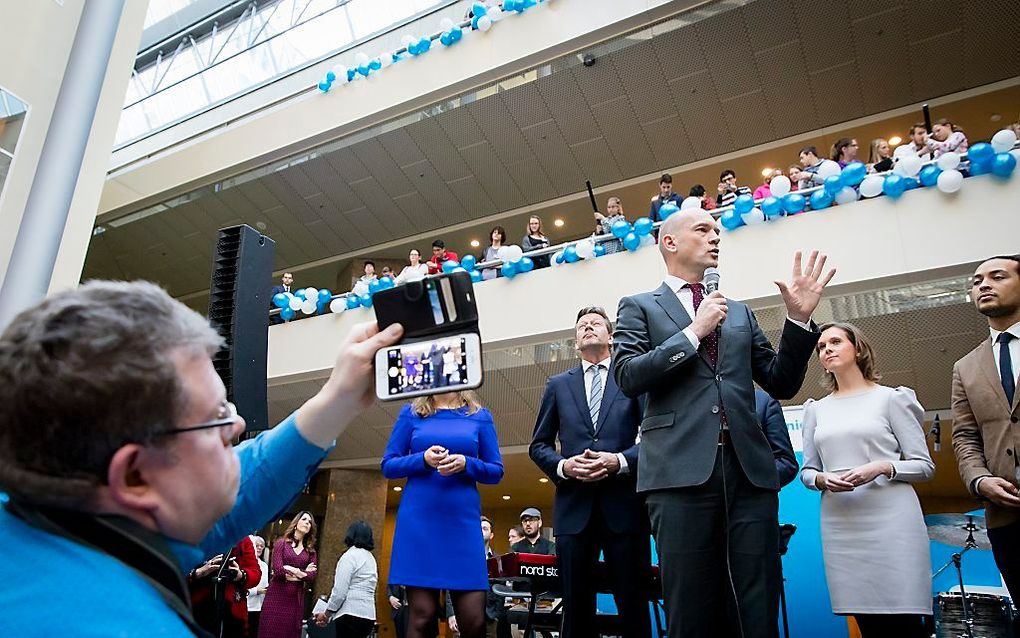 Lijsttrekker Gert-Jan Segers tijdens de campagne kick-off van de ChristenUnie in de Tweede Kamer. beeld ANP