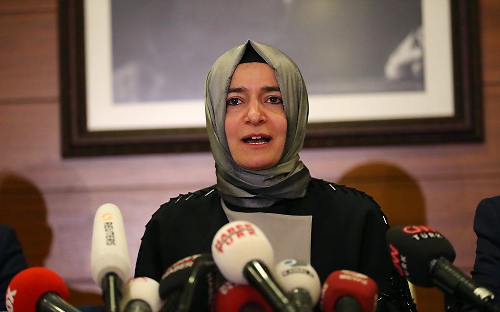 Fatma Betul Sayan Kaya tijdens een persconferentie zondag in Istanbul. beeld EPA