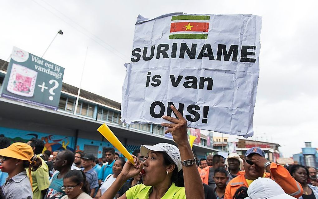 Een demonstratie eerder deze maand in Paramaribo. beeld ANP