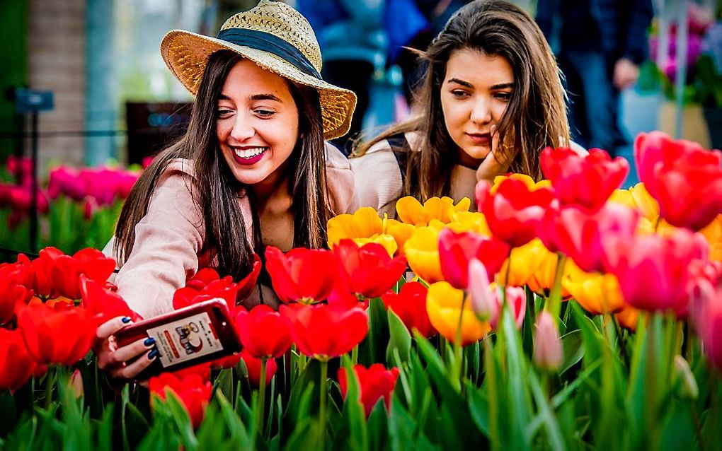 Bezoekers van de Keukenhof maken een selfie bij kleurrijke tulpen. Het bloemenpark staat dit seizoen in het teken van de romantiek. beeld ANP